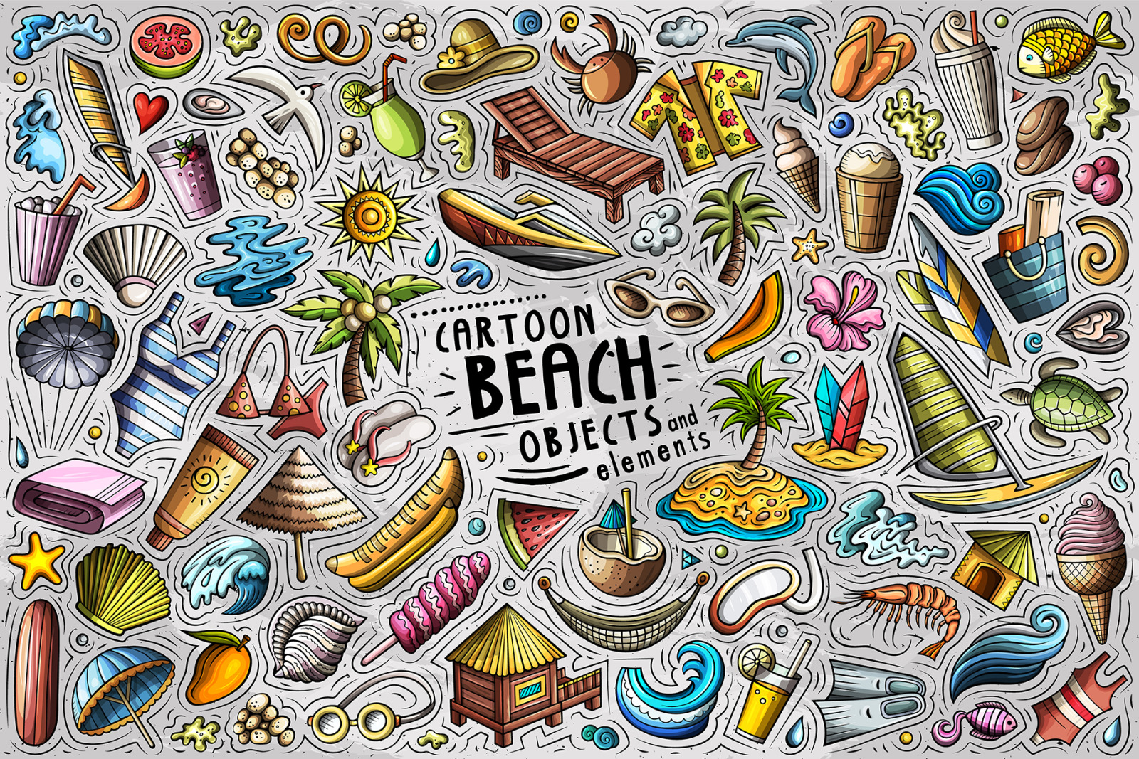 Summer Beach Cartoon Objects and Symbols Collection