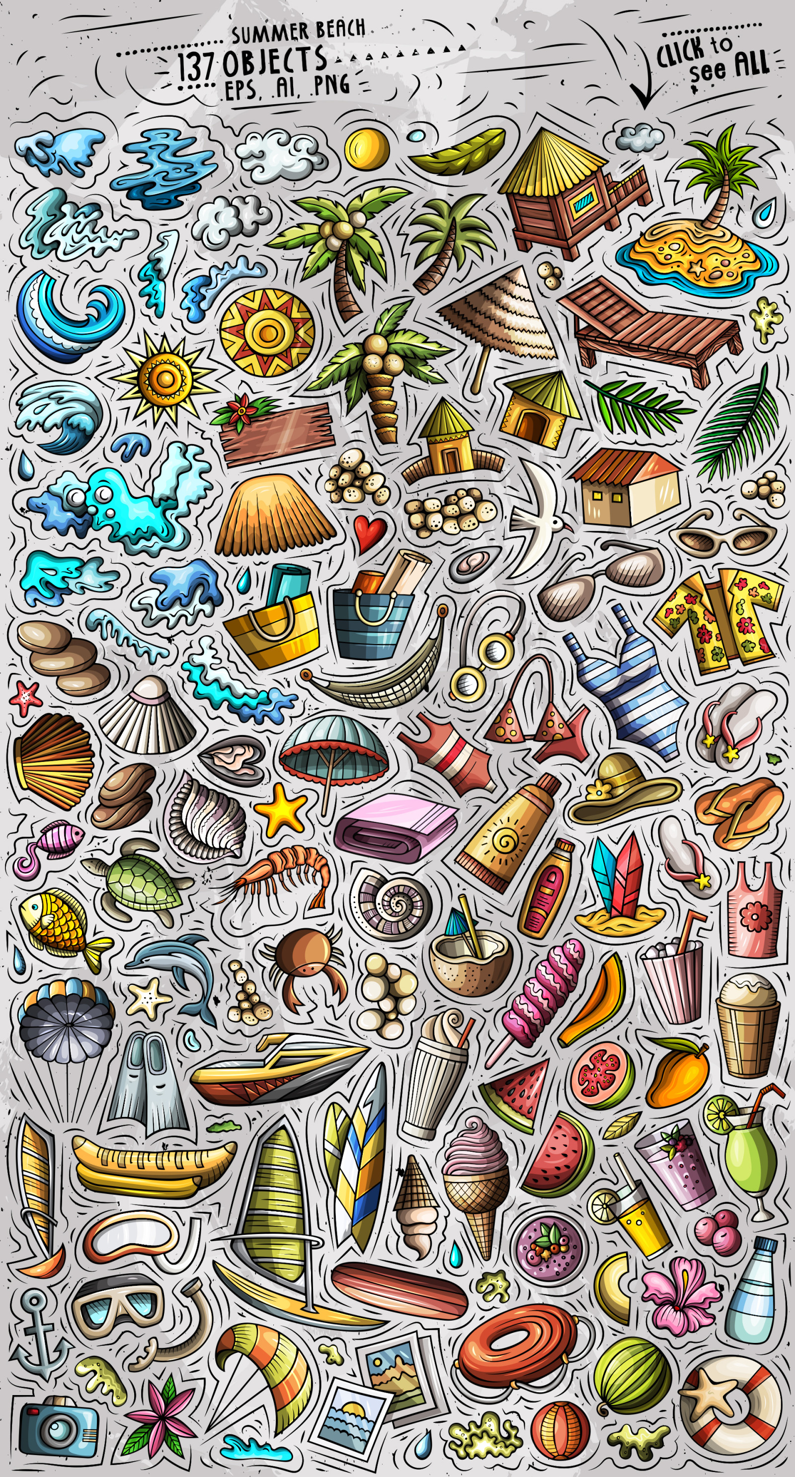 Summer Beach Cartoon Objects and Symbols Collection