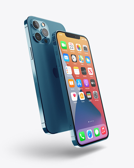 Two Apple iPhones 12 Pro Max Pacific Blue Mockup