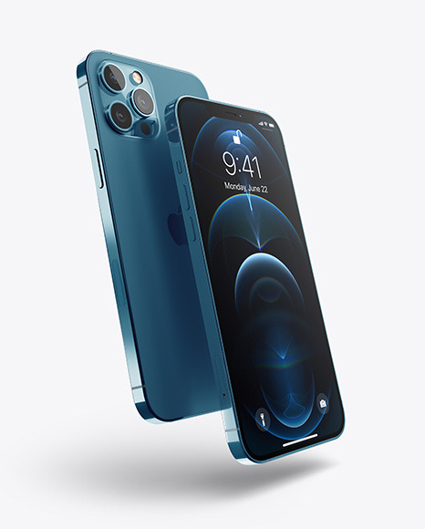 Two Apple iPhones 12 Pro Max Pacific Blue Mockup