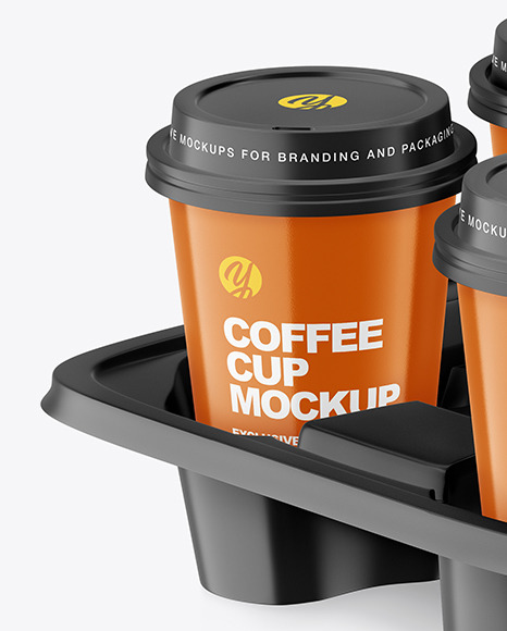 Glossy Coffee Cups in Paper Holder Mockup