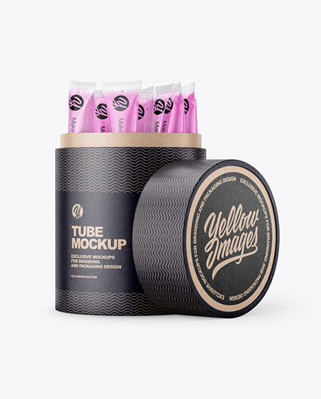 Opened Kraft Paper Tube With Sachets Mockup