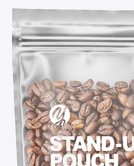 Frosted Plastic Stand-up Pouch w/Coffee Mockup