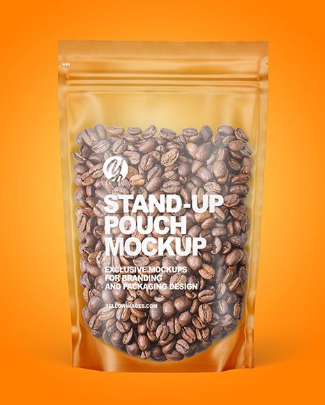 Frosted Plastic Stand-up Pouch w/Coffee Mockup