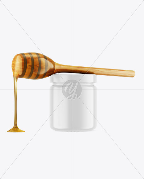 Glossy Honey Jar w/ Wooden Dipper Mockup