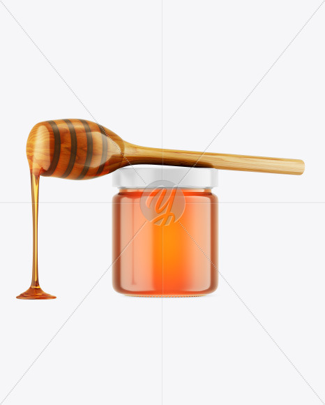 Clear Glass Honey Jar w/ Wooden Dipper Mockup