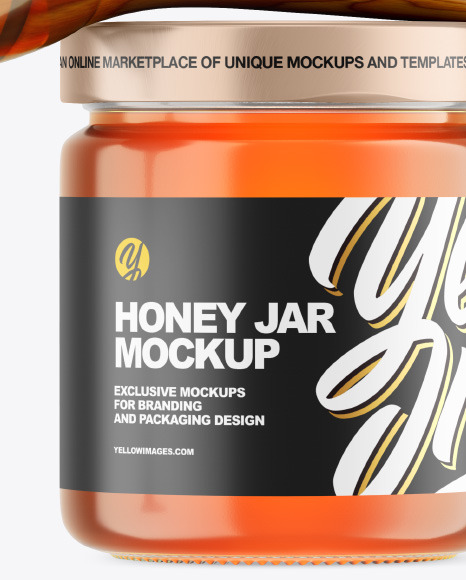 Clear Glass Honey Jar w/ Wooden Dipper Mockup