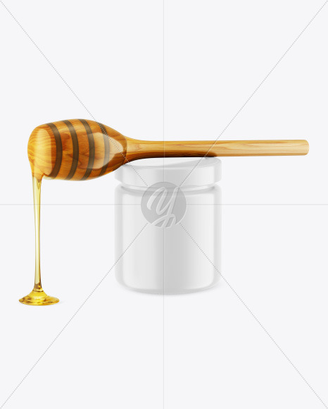 Glossy Honey Jar w/ Wooden Dipper Mockup