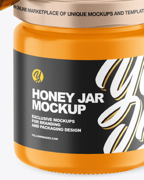 Glossy Honey Jar w/ Wooden Dipper Mockup