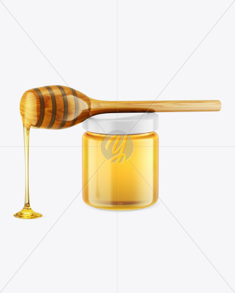 Clear Glass Honey Jar w/ Wooden Dipper Mockup