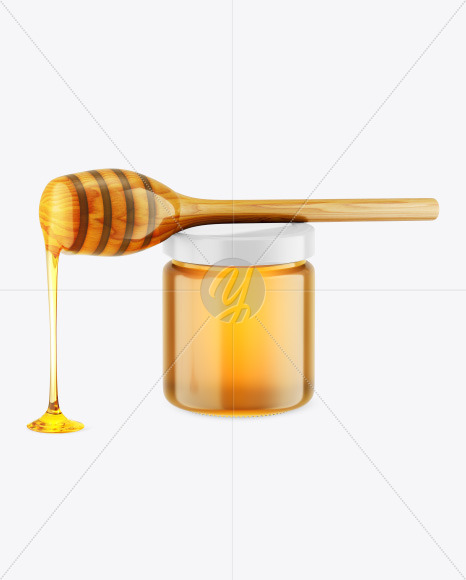 Clear Glass Honey Jar w/ Wooden Dipper Mockup