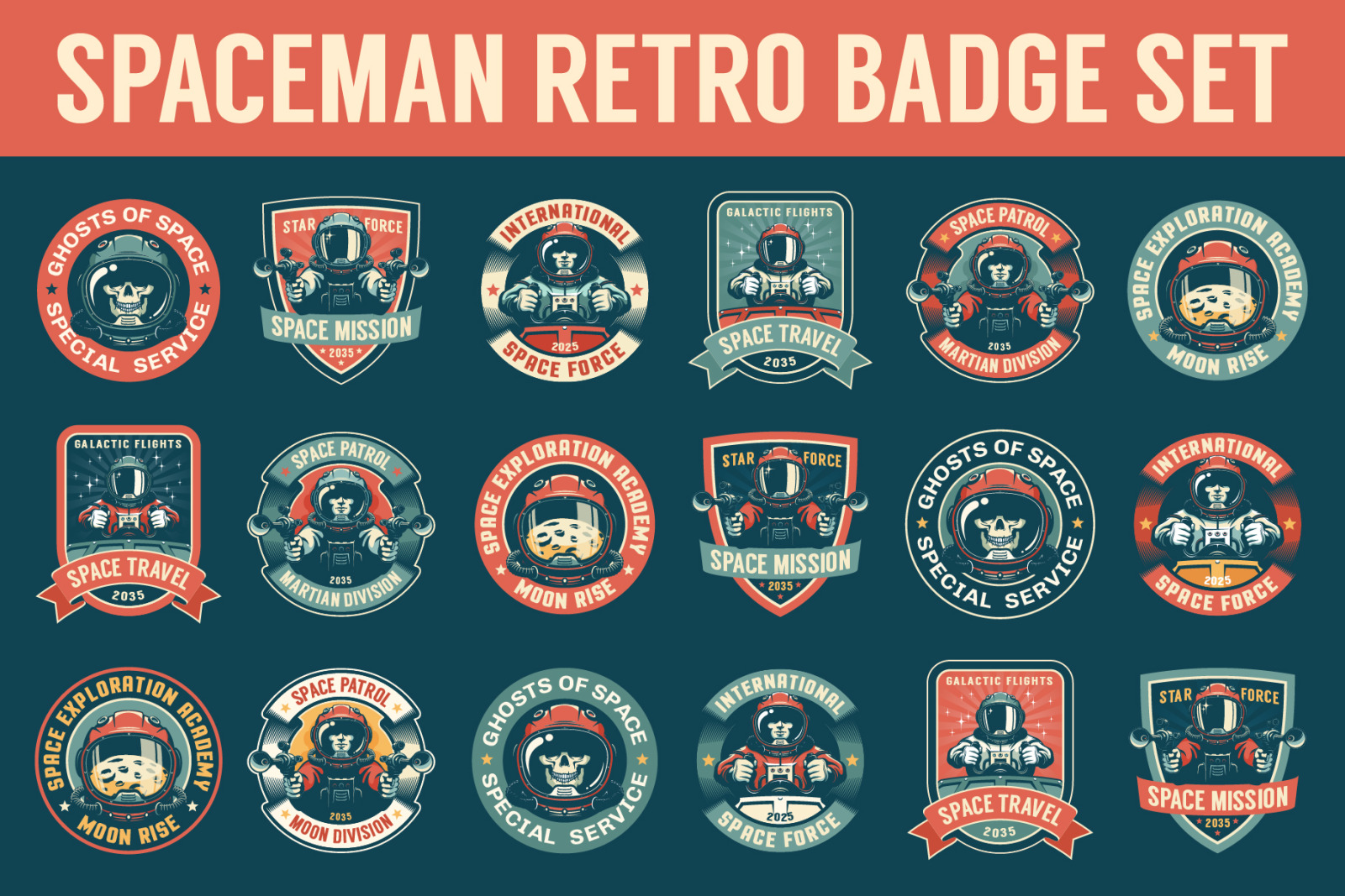 Spaceman Retro Badge Set