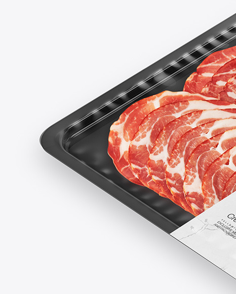 Plastic Tray With Glossy Film & Capocollo Mockup Half View