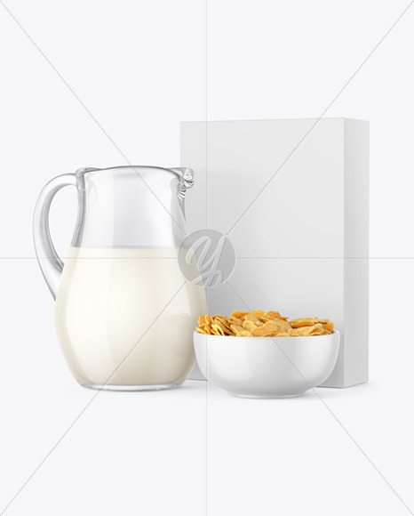 Glass Milk Jug and Bowl with Corn Flakes Mockup