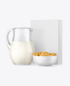 Glass Milk Jug and Bowl with Corn Flakes Mockup