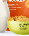 Glass Milk Jug and Bowl with Corn Flakes Mockup