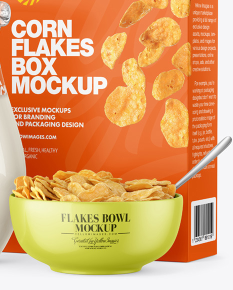 Glass Milk Jug and Bowl with Corn Flakes Mockup