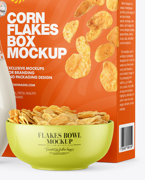 Glass Milk Jug and Bowl with Corn Flakes Mockup