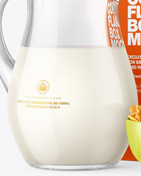 Glass Milk Jug and Bowl with Corn Flakes Mockup