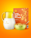 Glass Milk Jug and Bowl with Corn Flakes Mockup