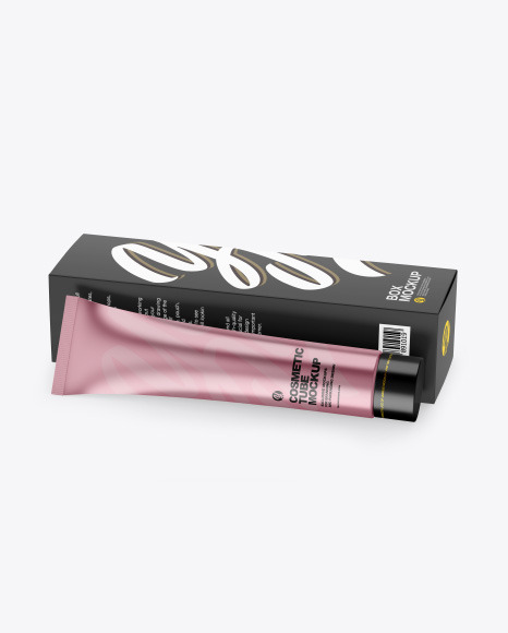 Metallic Cosmetic Tube w Paper Box Mockup - Metallic+Cosmetic+Tube+With+Box+Mockup+In+Tube+Mockups+On+Yellow