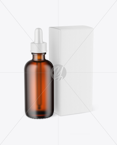 Frosted Amber Glass Dropper Bottle w/ Paper Box Mockup