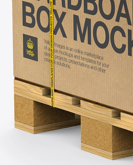 Wooden Pallet With Kraft Box &amp; Straps Mockup - Half Side View