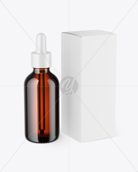 Amber Glass Dropper Bottle w/ Paper Box Mockup