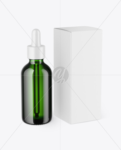 Green Glass Dropper Bottle w/ Paper Box Mockup