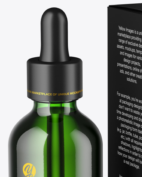 Green Glass Dropper Bottle w/ Paper Box Mockup