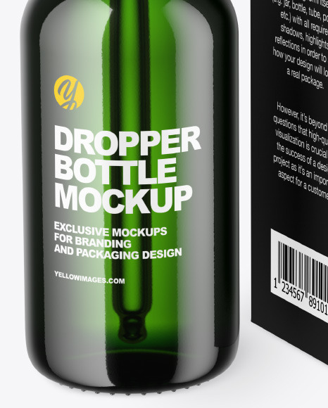 Green Glass Dropper Bottle w/ Paper Box Mockup