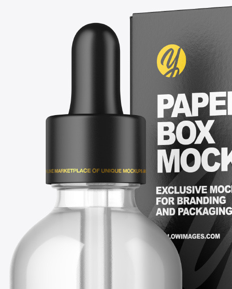Clear Glass Dropper Bottle w/ Paper Box Mockup Clear Glass Dropper Bottle w/ Paper Box Mockup