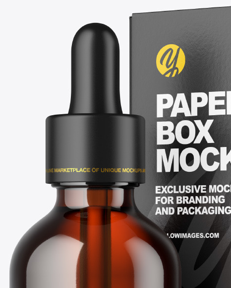 Amber Glass Dropper Bottle w/ Paper Box Mockup Amber Glass Dropper Bottle w/ Paper Box Mockup