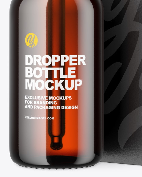 Amber Glass Dropper Bottle w/ Paper Box Mockup