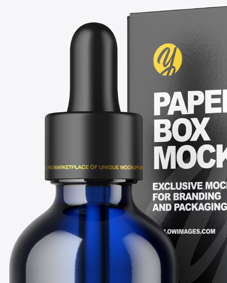 Blue Glass Dropper Oil Bottle w/ Paper Box Mockup