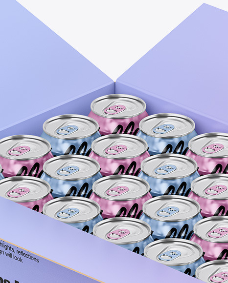 Box w/ Glossy Metallic Cans Mockup