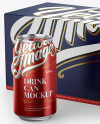 Closed Box with 12 Aluminium Cans with a Can Standing Alone Mockup - Half Side View