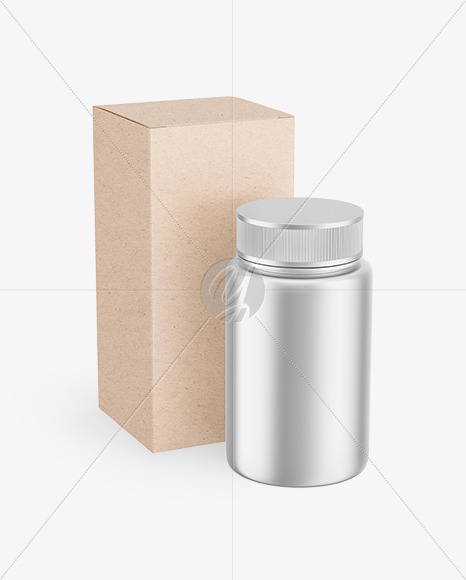 Metallic Pills Bottle w/ Kraft Paper Box Mockup