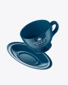 Glossy Coffee Cup and Saucer w/ Splash Mockup