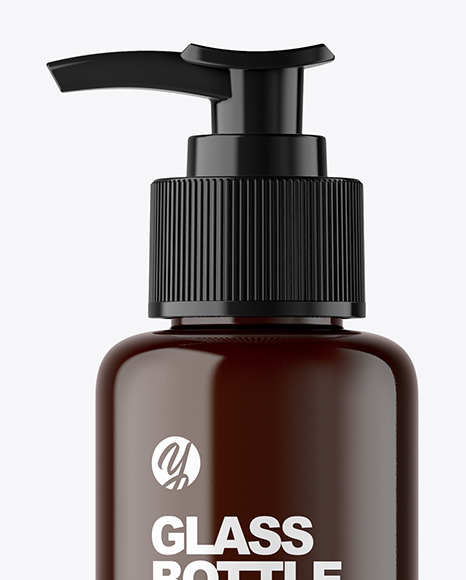 Amber Glass Cosmetic Bottle with Pump Mockup Amber Glass Cosmetic Bottle with Pump Mockup