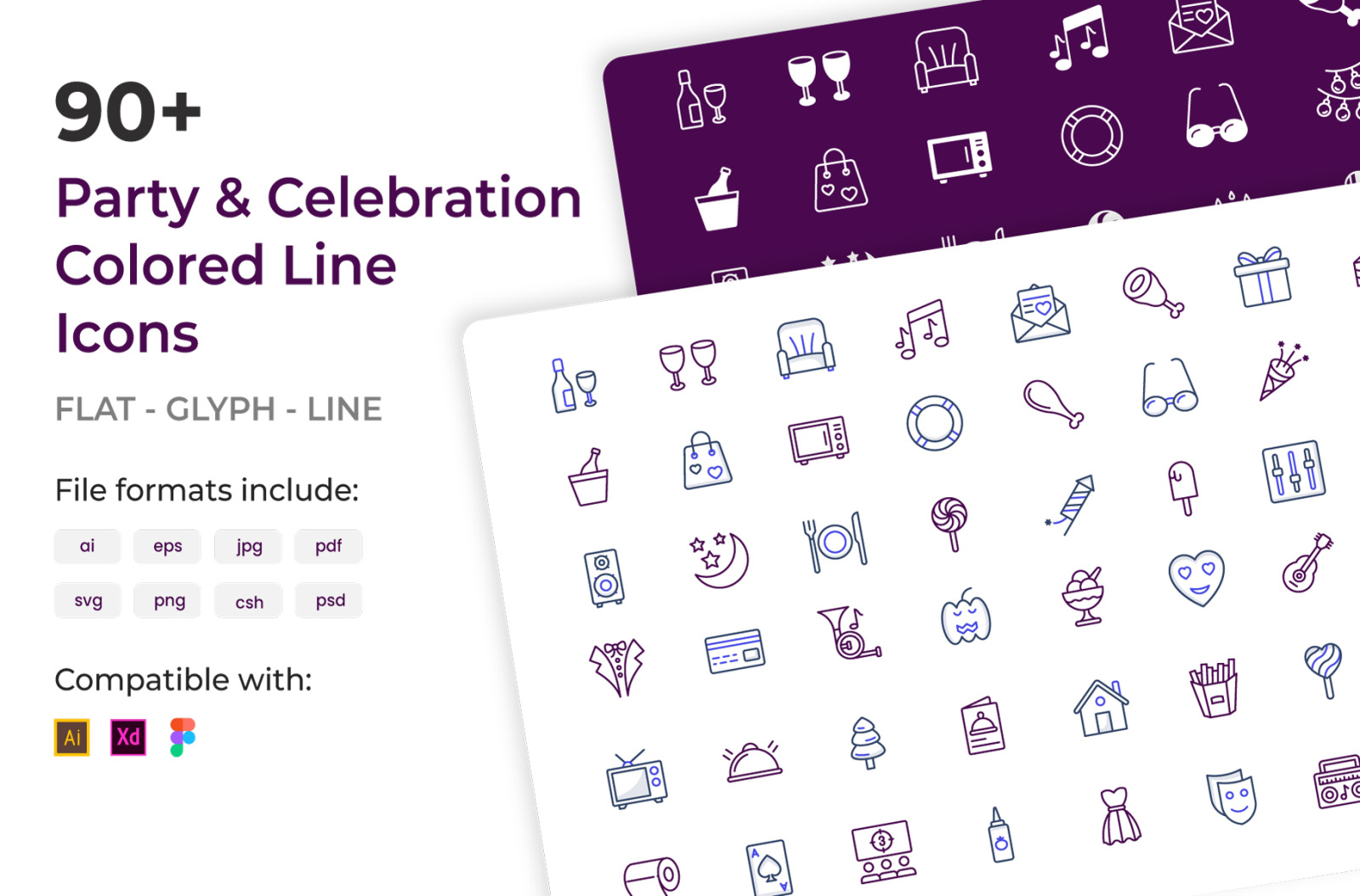 90+ Party and Celebration Colored Line Icons