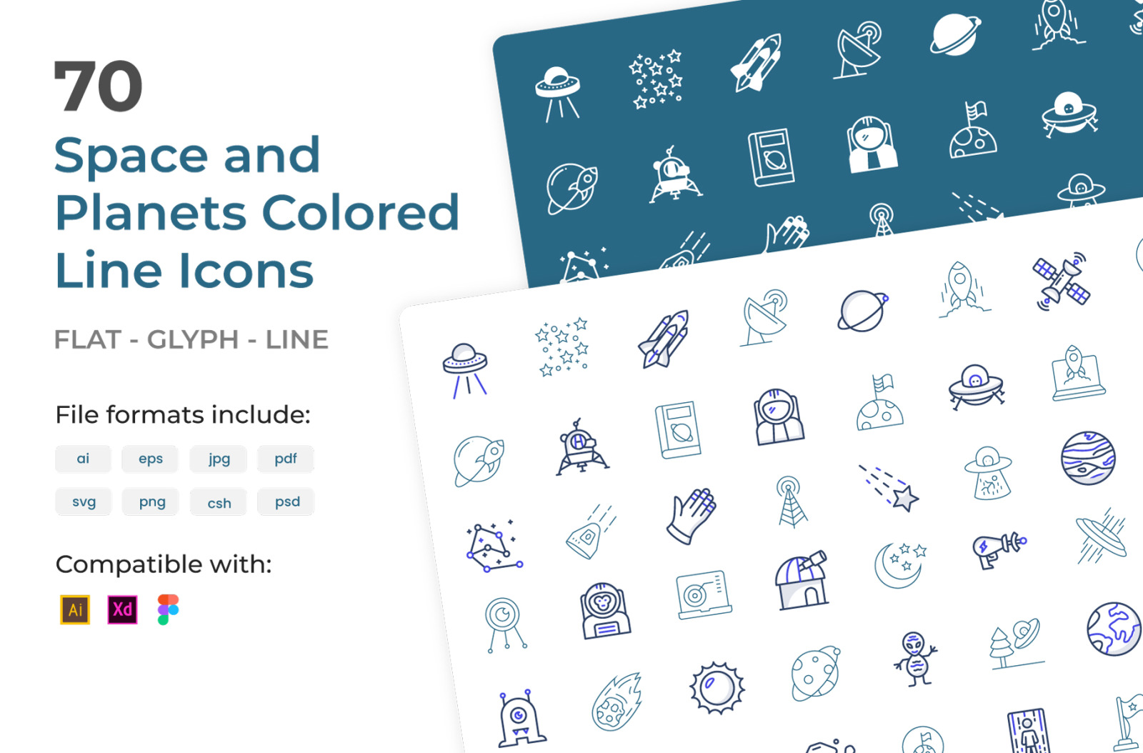 70 Space Colored Line Icons Pack