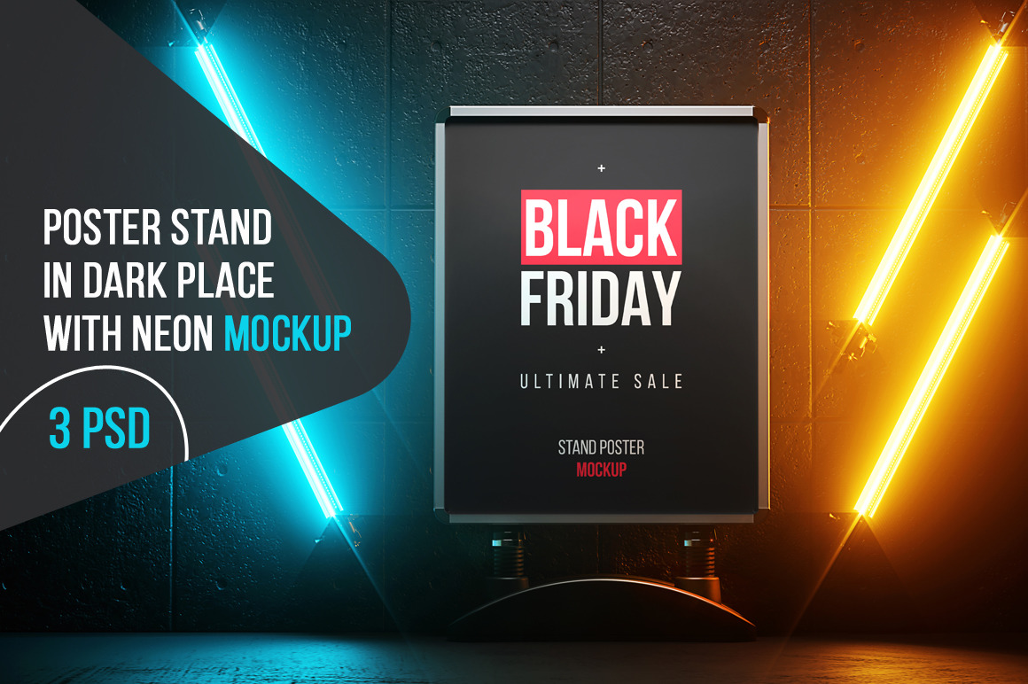 Poster Stand In Dark Place With Neon Mockup Poster Stand In Dark Place With Neon Mockup