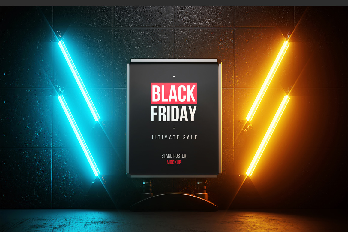 Poster Stand In Dark Place With Neon Mockup Poster Stand In Dark Place With Neon Mockup