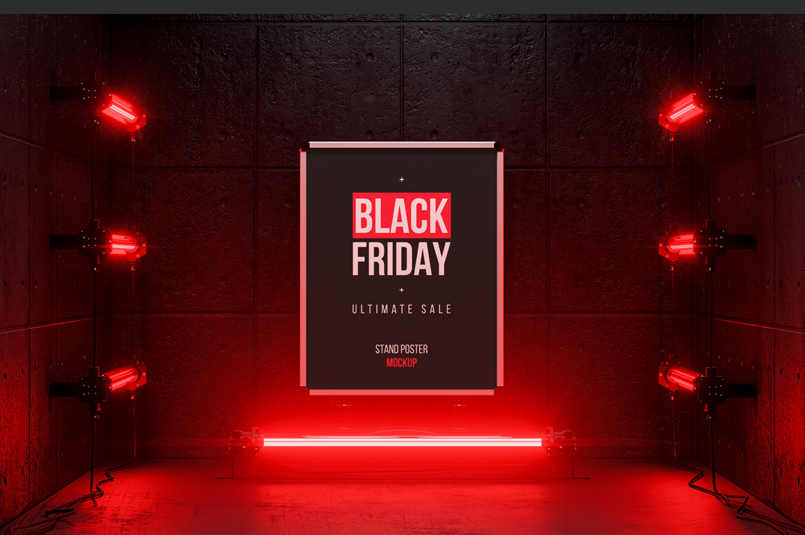 Poster Stand In Dark Place With Neon Mockup Poster Stand In Dark Place With Neon Mockup