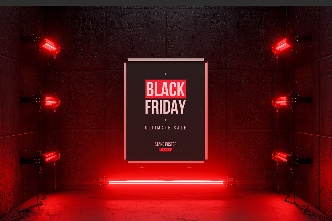 Poster Stand In Dark Place With Neon Mockup