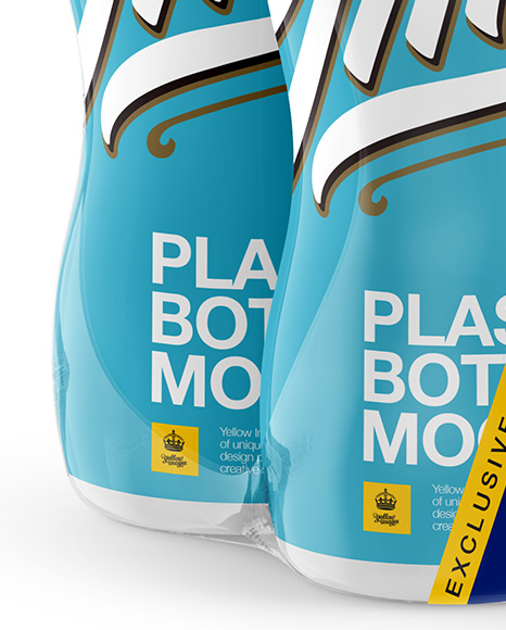 Transparent Pack with 4 Plastic Bottles Mockup - Half Side View