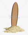 Wooden Surfboard in Sand Mockup - Front View