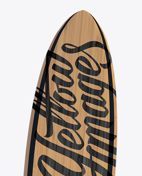 Wooden Surfboard in Sand Mockup - Front View