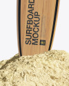 Wooden Surfboard in Sand Mockup - Front View